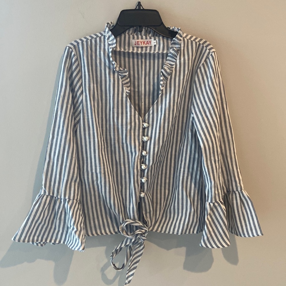 Jeykay White And Blue Striped Blouse With Pearl Buttons